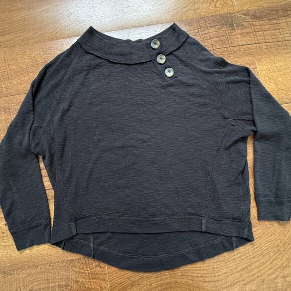 Free People Don't Forget Me Large Knit Button Detail Off The Shoulder Tee, Black - Picture 1 of 10